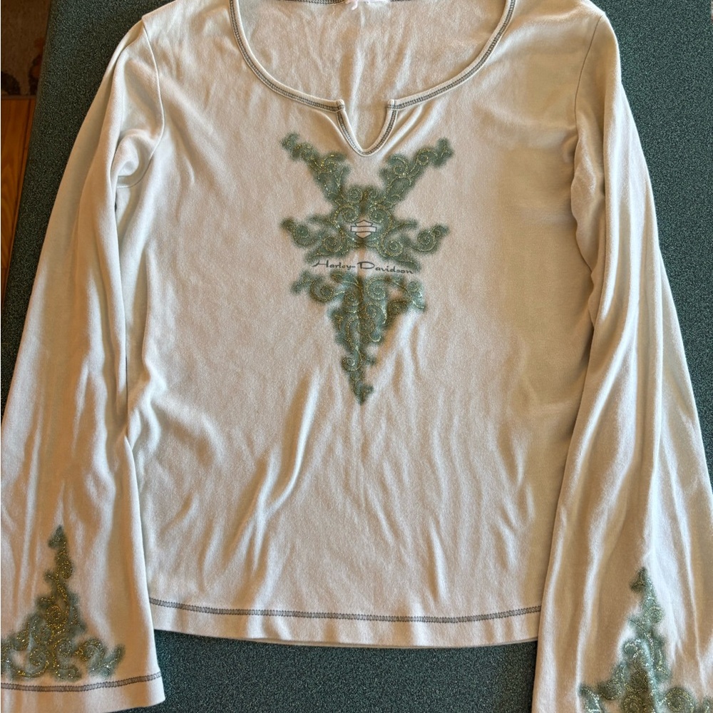 Vintage Harley Davidson Mint Green Long Bell Sleeved Graphic Glitter Graphic